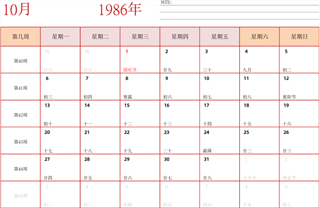 日历表1986年